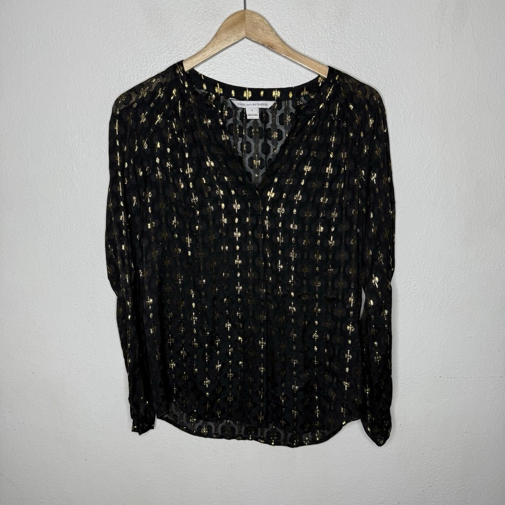 Diane Von Furstenberg Black Gold Embroidered Silk Blend Top Long Sleeve Womens 2